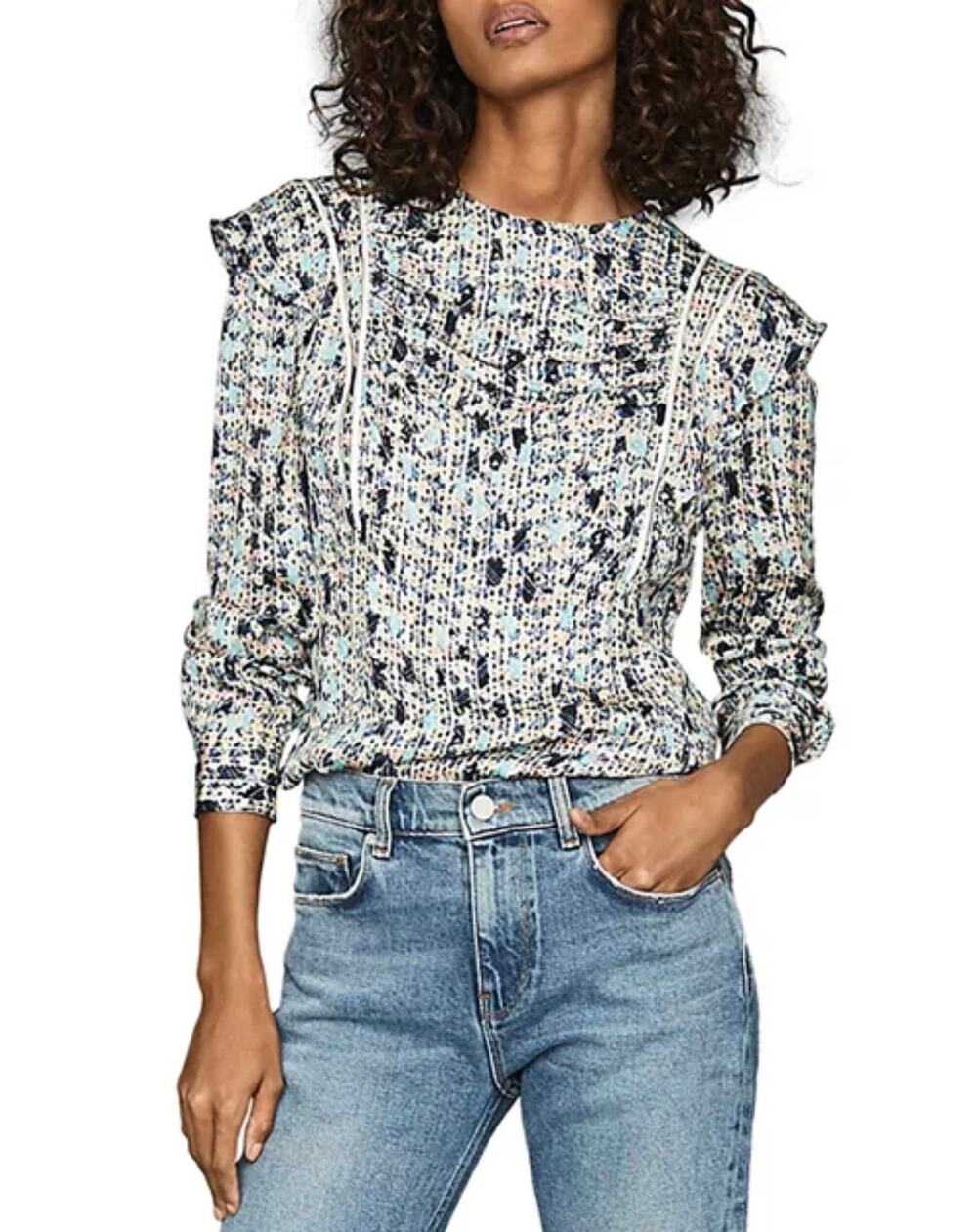 Reiss Cream Olivia Ditsy Print Ruffle Long Sleeve Peasant Blouse Top Size 10